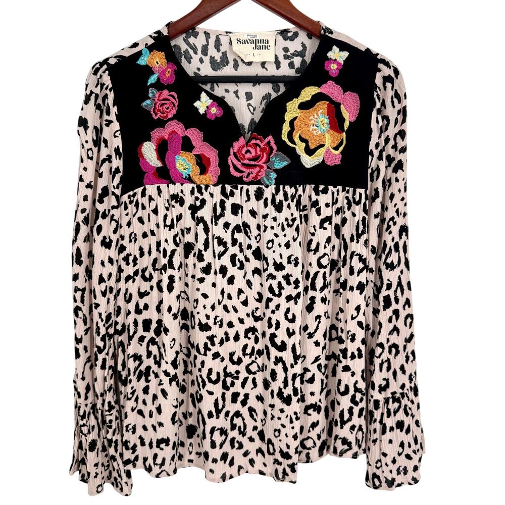 Savanna Jane Large Floral Embroidered Boho Bohemian Tropical Blouse Shirt Top